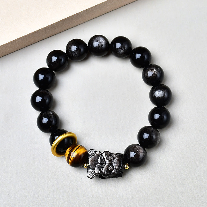 Natural Silver Obsidian Bracelet with Lion Awakening and Tiger Eye Stone Single Circle National Trend Men's Bracelet