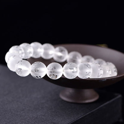 Natural White Crystal Chinese Style Frosted Six-Word Mantra Buddhist Bead Bracelet