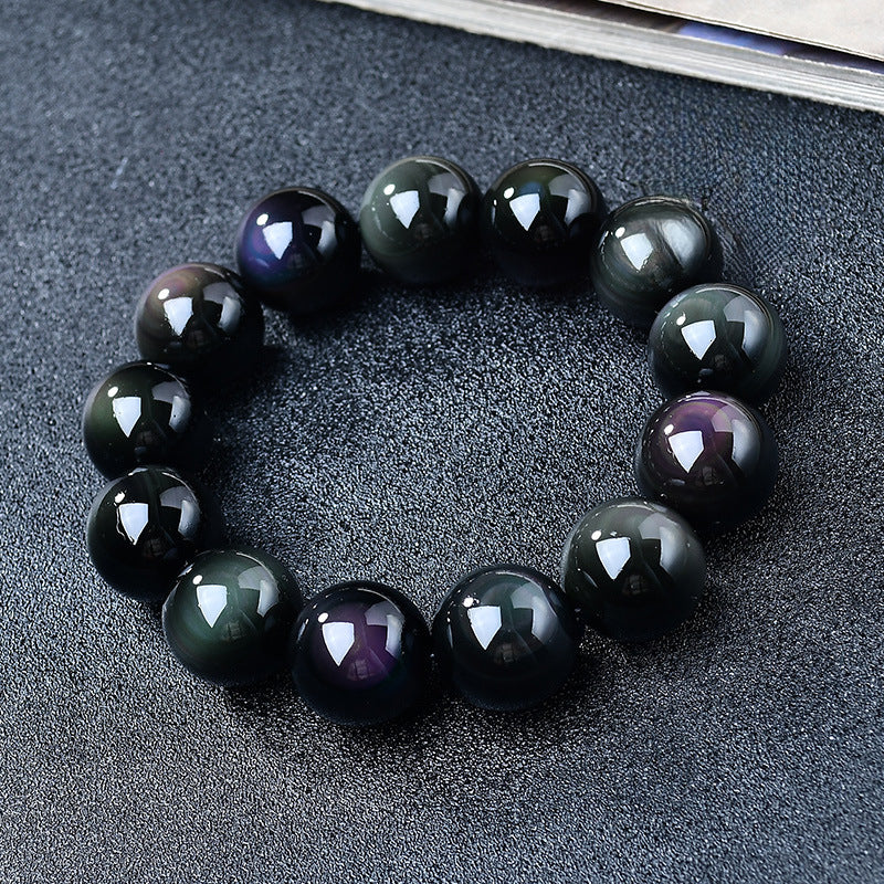 Natural Light Luxury Crystal Rainbow Double Eyed Round Bead Obsidian Bracelet