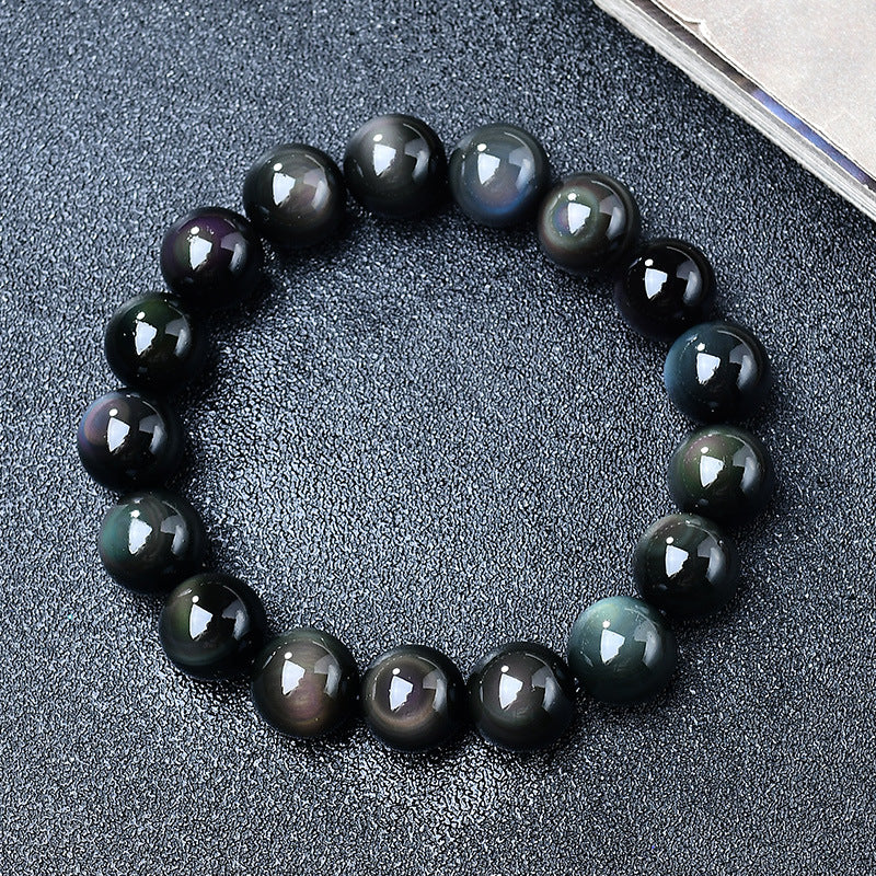 Natural Light Luxury Crystal Rainbow Double Eyed Round Bead Obsidian Bracelet