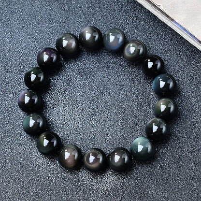 Natural Light Luxury Crystal Rainbow Double Eyed Round Bead Obsidian Bracelet