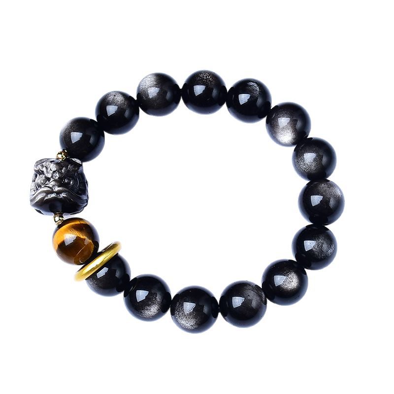 Natural Silver Obsidian Bracelet with Lion Awakening and Tiger Eye Stone Single Circle National Trend Men's Bracelet