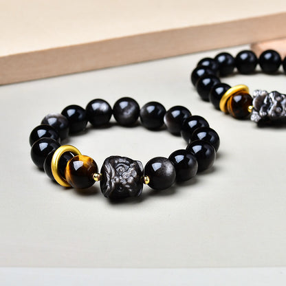 Natural Silver Obsidian Bracelet with Lion Awakening and Tiger Eye Stone Single Circle National Trend Men's Bracelet