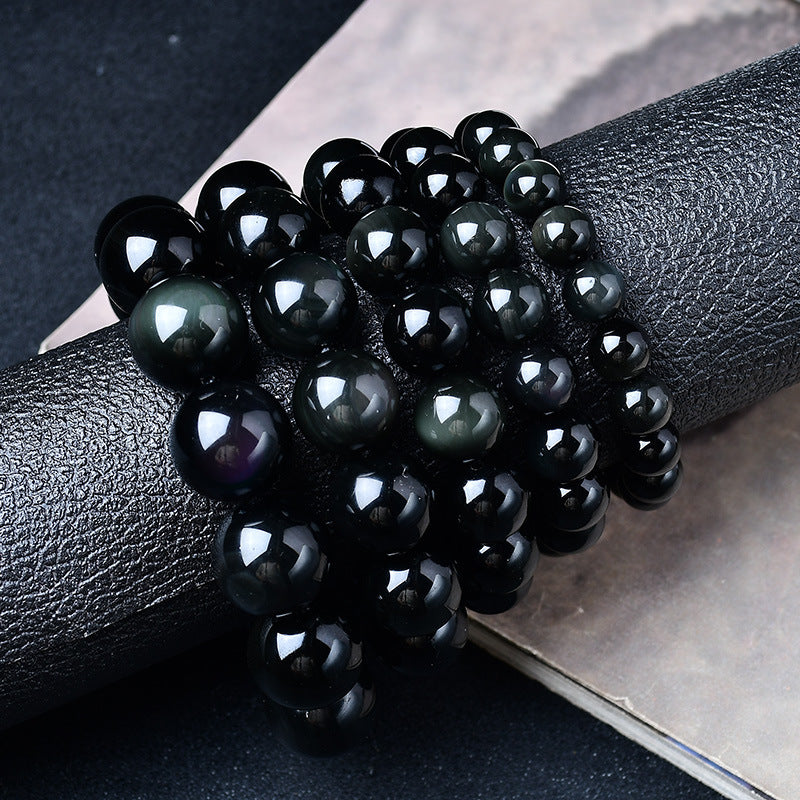 Natural Light Luxury Crystal Rainbow Double Eyed Round Bead Obsidian Bracelet