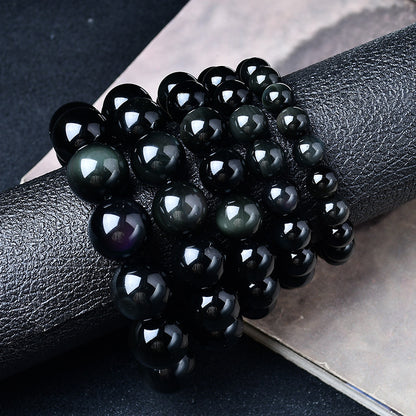 Natural Light Luxury Crystal Rainbow Double Eyed Round Bead Obsidian Bracelet