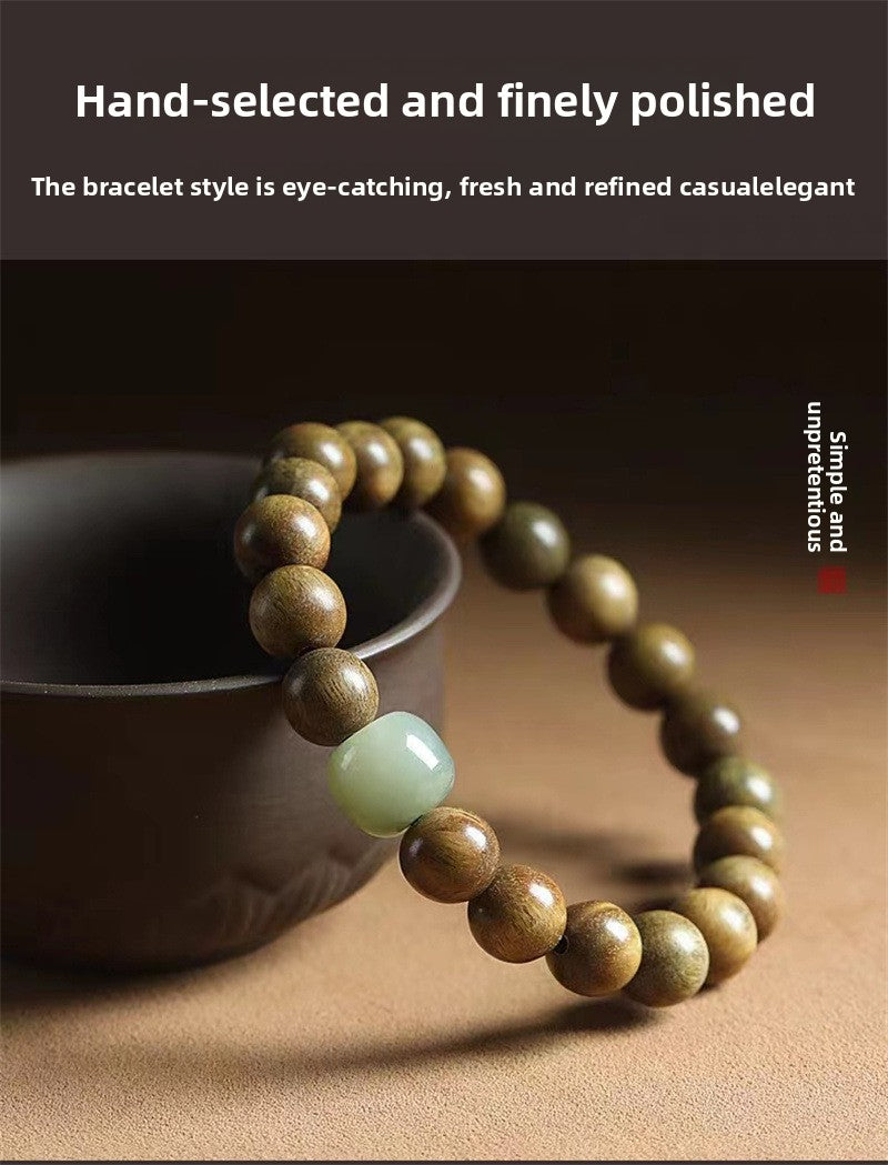 Green sandalwood bracelet for women, Chinese style, natural Hetian jade, agarwood, sandalwood, playing bracelet, men's sandalwood Buddhist beads bracelet