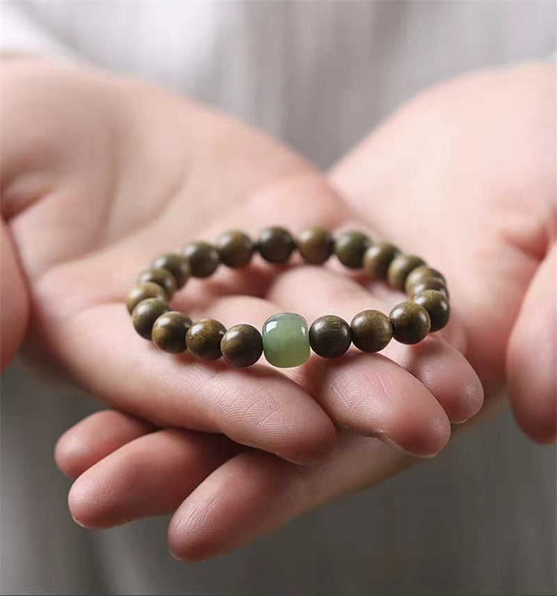Green sandalwood bracelet for women, Chinese style, natural Hetian jade, agarwood, sandalwood, playing bracelet, men's sandalwood Buddhist beads bracelet