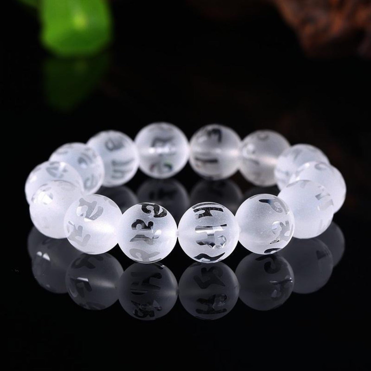 Natural White Crystal Chinese Style Frosted Six-Word Mantra Buddhist Bead Bracelet