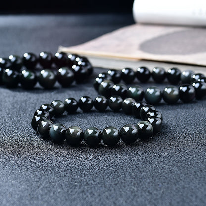 Natural Light Luxury Crystal Rainbow Double Eyed Round Bead Obsidian Bracelet