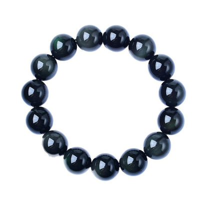 Natural Light Luxury Crystal Rainbow Double Eyed Round Bead Obsidian Bracelet