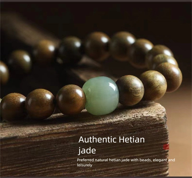 Green sandalwood bracelet for women, Chinese style, natural Hetian jade, agarwood, sandalwood, playing bracelet, men's sandalwood Buddhist beads bracelet