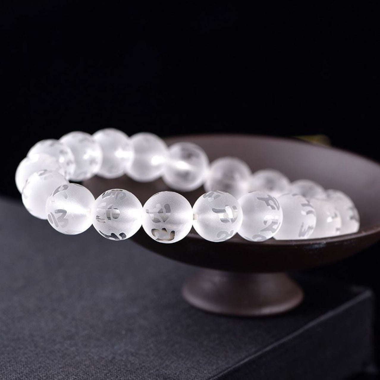 Natural White Crystal Chinese Style Frosted Six-Word Mantra Buddhist Bead Bracelet