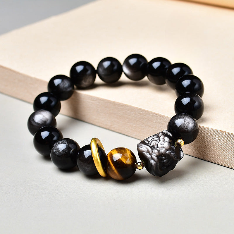 Natural Silver Obsidian Bracelet with Lion Awakening and Tiger Eye Stone Single Circle National Trend Men's Bracelet