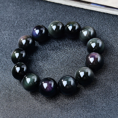 Natural Light Luxury Crystal Rainbow Double Eyed Round Bead Obsidian Bracelet