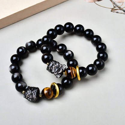 Natural Silver Obsidian Bracelet with Lion Awakening and Tiger Eye Stone Single Circle National Trend Men's Bracelet