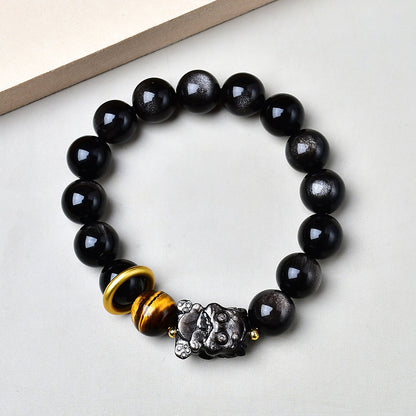 Natural Silver Obsidian Bracelet with Lion Awakening and Tiger Eye Stone Single Circle National Trend Men's Bracelet
