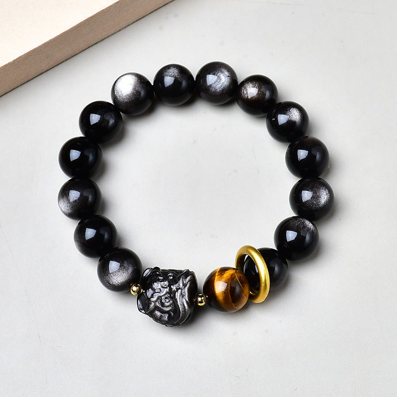 Natural Silver Obsidian Bracelet with Lion Awakening and Tiger Eye Stone Single Circle National Trend Men's Bracelet