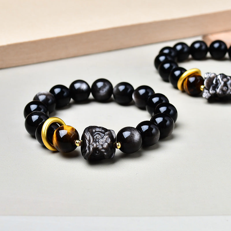 Natural Silver Obsidian Bracelet with Lion Awakening and Tiger Eye Stone Single Circle National Trend Men's Bracelet